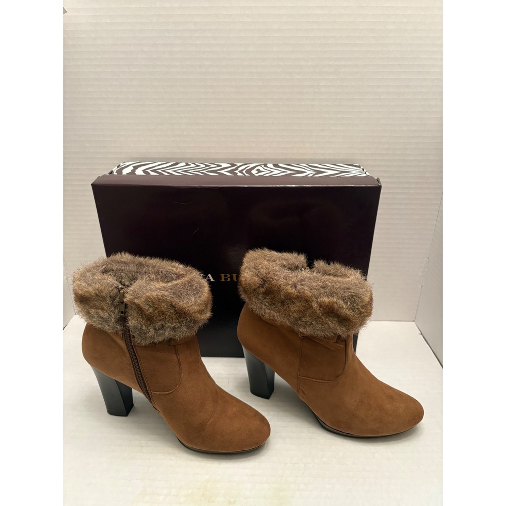 Dana Buchman Brown Faux Suede Fur Trim Ankle Boots Block Heel Cognac Bow Booties